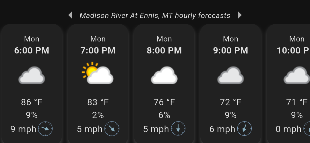 River Ready hourly forecast — hour-by-hour temperature, precipitation, and wind for the Madison River at Ennis, Montana